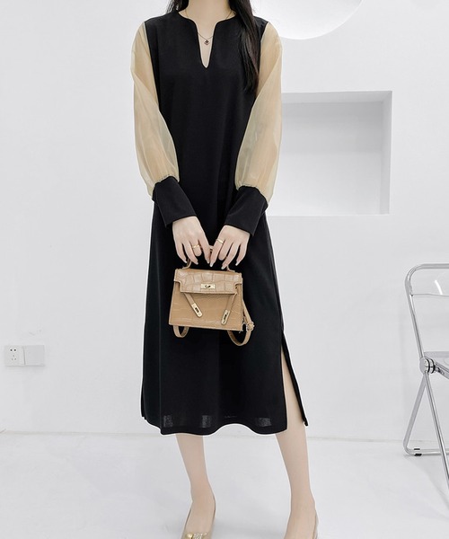 Grandeir（グランディール）の「サイドスリットシースルー袖ワンピース（ワンピース・レディース・ベージュ/ブラック・M）」の8枚目の写真