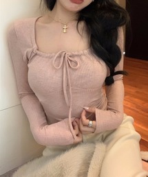 リボンシャーリングスクエアネックロングTシャツ
