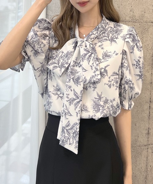 handmade トワルドジュイ 半袖シャツ トワルドジュイ柄リボン半袖シャツブラウス（シャツ/ブラウス