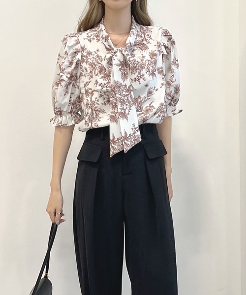 handmade トワルドジュイ 半袖シャツ トワルドジュイ柄リボン半袖シャツブラウス（シャツ/ブラウス