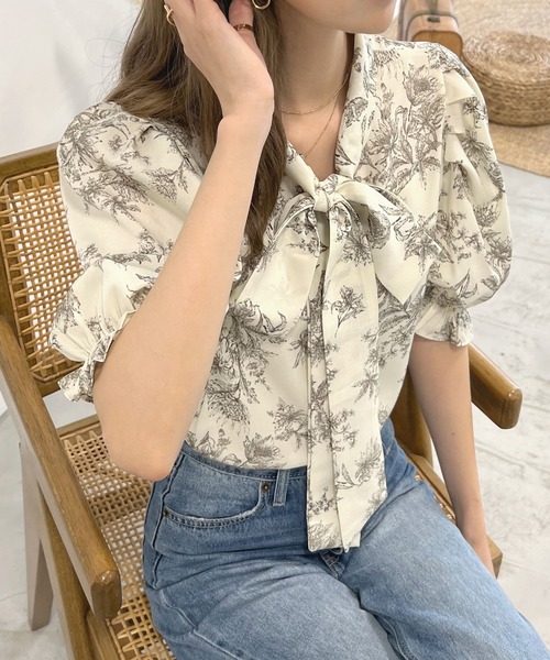 handmade トワルドジュイ 半袖シャツ トワルドジュイ柄リボン半袖シャツブラウス（シャツ/ブラウス