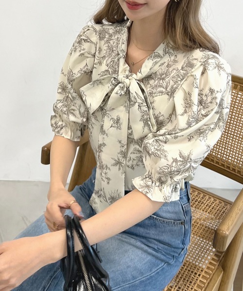 handmade トワルドジュイ 半袖シャツ トワルドジュイ柄リボン半袖シャツブラウス（シャツ/ブラウス