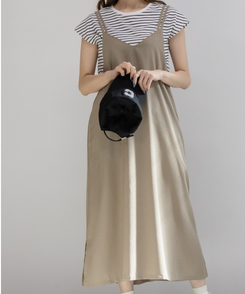 NAVY(ネイビー)の「NAVY 麻ライクキャミソールワンピース+Tシャツセット アンサブル(ワンピース・レディース・ベージュ/ブラック/カーキ・M/L/XL/S)」の1枚目の写真