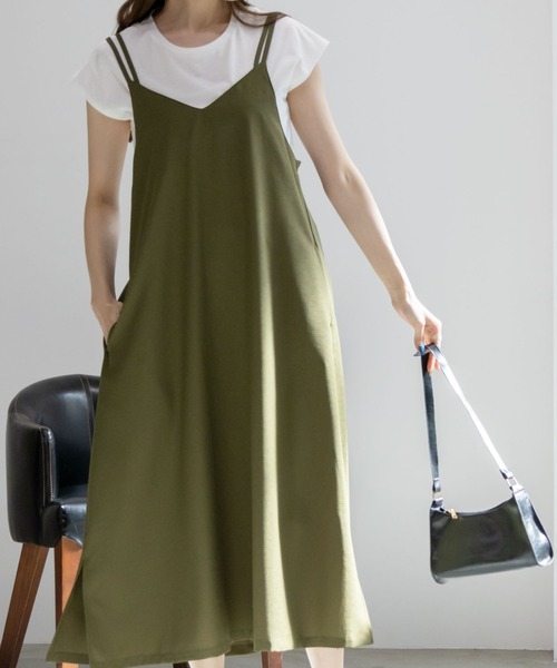 NAVY(ネイビー)の「NAVY 麻ライクキャミソールワンピース+Tシャツセット アンサブル(ワンピース・レディース・ベージュ/ブラック/カーキ・M/L/XL/S)」の3枚目の写真