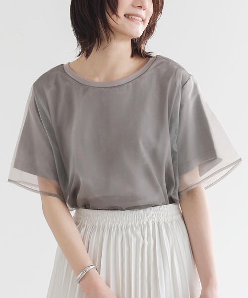 n'OrLABEL(ノアールレーベル)の「オーガンジーレイヤードトップス(Tシャツ/カットソー・レディース・グレー/オフホワイト・2/1)」の1枚目の写真