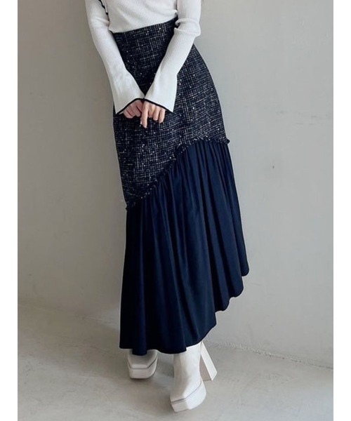 MERCURYDUO（マーキュリーデュオ）の「異素材ツイードマーメイドフレアスカート（スカート・レディース・ブラック/オフホワイト/ミント・SMALL/MEDIUM）」の2枚目の写真