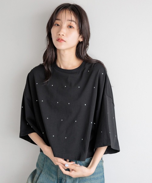 LOWRYS FARM（ローリーズファーム）の「ビジューワイドＴシャツ　120612（Tシャツ/カットソー・レディース・オフホワイト/ブラック・FREE）」の9枚目の写真