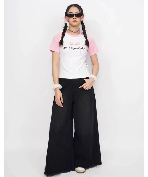 tシャツ A'GEM/9 × .kom 「CORYSTUDIO/コリースタジオ」リボンラグラン半袖カットソー レディース A'gem 9 tシャツ A'GEM/9 × .kom 「CORYSTUDIO/コリースタジオ