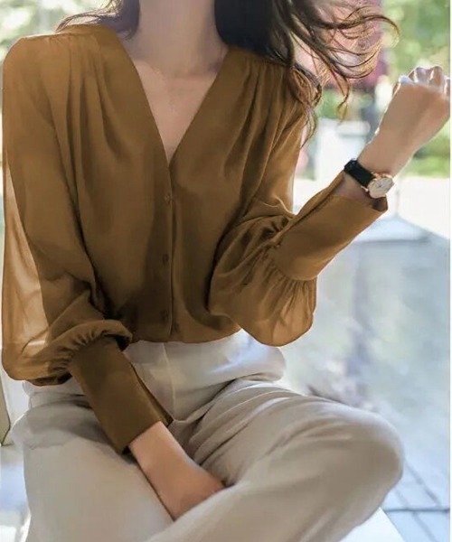 Miniministore(ミニミニストア)の「シフォンブラウス 通勤シースルートップス(シャツ/ブラウス・レディース・ブラック/ダークグリーン/カーキブラウン/ワインレッド・L/M)」の3枚目の写真