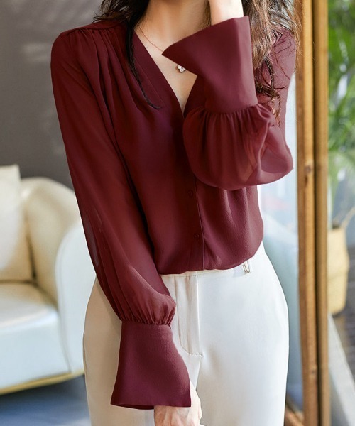 Miniministore(ミニミニストア)の「シフォンブラウス 通勤シースルートップス(シャツ/ブラウス・レディース・ブラック/ダークグリーン/カーキブラウン/ワインレッド・L/M)」の12枚目の写真