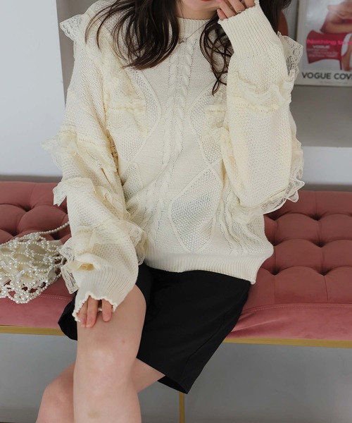 Girly Doll（ガーリードール）の「ケーブル編みレースニットプルオーバー（ニット/セーター・レディース・ベージュ/ピンク・F）」の16枚目の写真