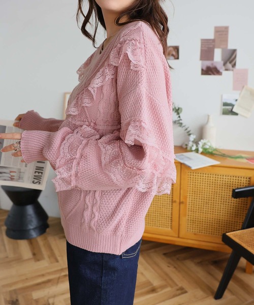 Girly Doll（ガーリードール）の「ケーブル編みレースニットプルオーバー（ニット/セーター・レディース・ベージュ/ピンク・F）」の12枚目の写真