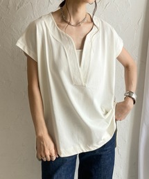 綿コットン100%深Vネック/キーネック無地半袖Tシャツ