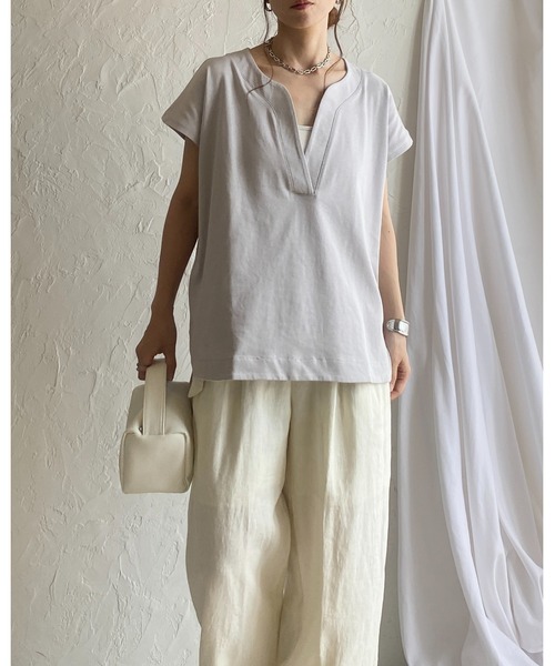【新品未使用】 FENNEL キーネックコットンカットソー セール】綿コットン100%深Vネック/キーネック無地半袖Tシャツ（T