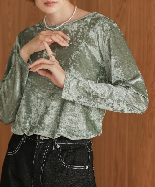 Bab（バブ）の「シアーベロアベーシックトップス（Tシャツ/カットソー・レディース・ベージュ/ライトグレー/グリーン/アイボリー/ブラック・FREE）」の5枚目の写真