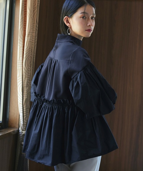 洗える ｜ 異素材 フリル ペプラム ボリュースリーブ TOPS ｜ 長袖 トップス 二の腕カバー 体型カバー 袖ボリューム オフィスカジュアル 通勤服 華やか ブラウス（シャツ/ブラウス）｜RUIRUE BOUTIQUE（ルイルエブティック）