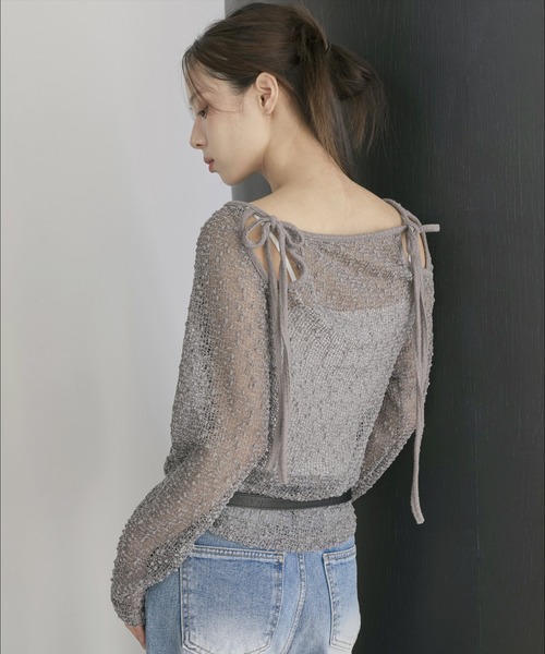 UNE MANSION（ユヌマンション）の「【UNE ORIGINAL】ポップコーン2WAYリボンシースルーニット（ニット/セーター・レディース・ピンク/カーキ/ブラック/ホワイト/ベージュ・FREE）」の4枚目の写真