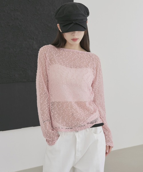 UNE MANSION（ユヌマンション）の「【UNE ORIGINAL】ポップコーン2WAYリボンシースルーニット（ニット/セーター・レディース・ピンク/カーキ/ブラック/ホワイト/ベージュ・FREE）」の5枚目の写真