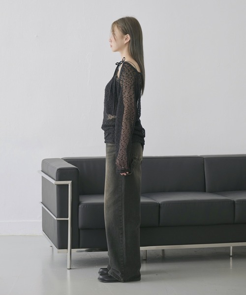 UNE MANSION（ユヌマンション）の「【UNE ORIGINAL】ポップコーン2WAYリボンシースルーニット（ニット/セーター・レディース・ピンク/カーキ/ブラック/ホワイト/ベージュ・FREE）」の19枚目の写真