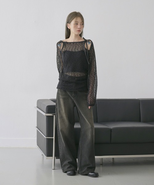 UNE MANSION（ユヌマンション）の「【UNE ORIGINAL】ポップコーン2WAYリボンシースルーニット（ニット/セーター・レディース・ピンク/カーキ/ブラック/ホワイト/ベージュ・FREE）」の22枚目の写真