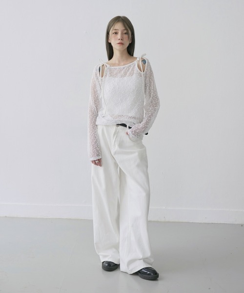 UNE MANSION（ユヌマンション）の「【UNE ORIGINAL】ポップコーン2WAYリボンシースルーニット（ニット/セーター・レディース・ピンク/カーキ/ブラック/ホワイト/ベージュ・FREE）」の9枚目の写真