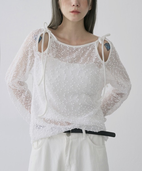 UNE MANSION（ユヌマンション）の「【UNE ORIGINAL】ポップコーン2WAYリボンシースルーニット（ニット/セーター・レディース・ピンク/カーキ/ブラック/ホワイト/ベージュ・FREE）」の12枚目の写真