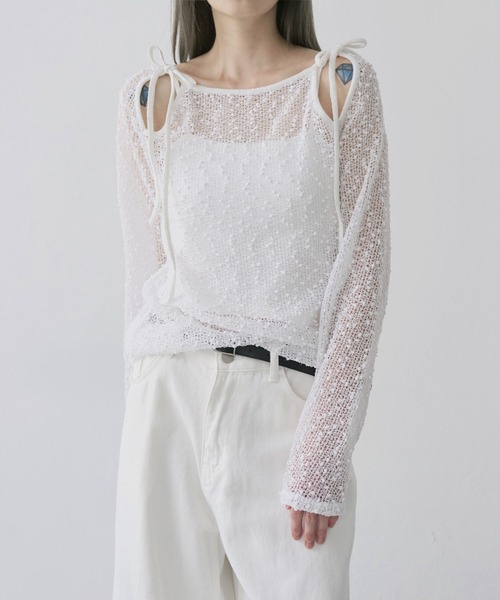 UNE MANSION（ユヌマンション）の「【UNE ORIGINAL】ポップコーン2WAYリボンシースルーニット（ニット/セーター・レディース・ピンク/カーキ/ブラック/ホワイト/ベージュ・FREE）」の13枚目の写真