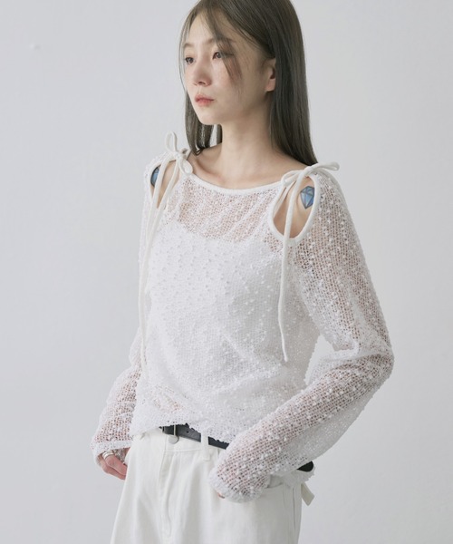 UNE MANSION（ユヌマンション）の「【UNE ORIGINAL】ポップコーン2WAYリボンシースルーニット（ニット/セーター・レディース・ピンク/カーキ/ブラック/ホワイト/ベージュ・FREE）」の15枚目の写真