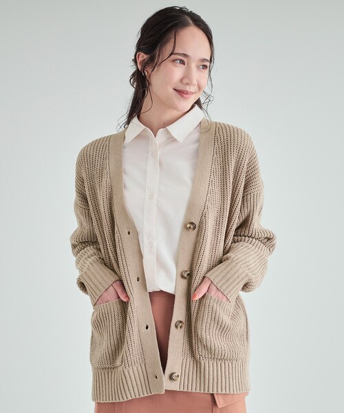 ベージュ Vネック カーディガン ファインウール ベーシックリラックス Vネックカーディガン(ベージュ