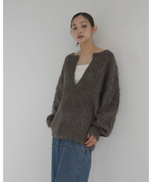 hellam（へラム）の「ミックスシャギー　キーネックニット（ニット/セーター・レディース・グリーン/チャコール/オレンジ/アイボリー/ブルー/チャコールグレー/ブラウン・FREE）」の3枚目の写真