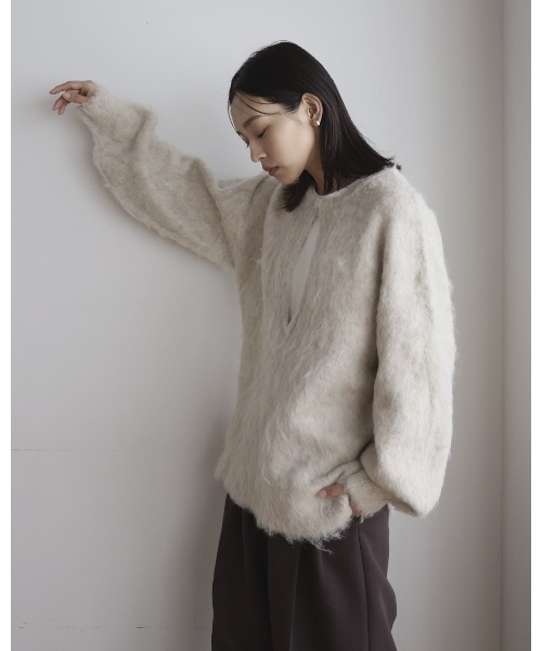 ニット セーター ミックスシャギー　キーネックニット レディース hellam ニット セーター ミックスシャギー キーネックニット
