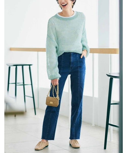 IEDIT（イディット）の「ＩＥＤＩＴ　裏微起毛でふんわりやさしい肌心地のすっきり細見えストレートデニムパンツ〈ブルー〉（デニムパンツ・レディース・ブルー・M/L/LL/3L/4L/S）」の2枚目の写真