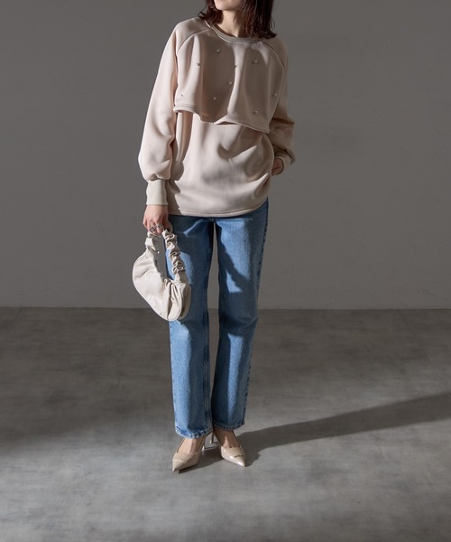 each（イーチ）の「前後2WAYパールケープ付裏起毛スウェット（スウェット・レディース・アイボリー/ブラック/グリーン・FREE）」の8枚目の写真