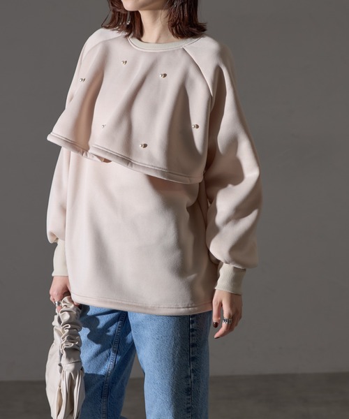 each（イーチ）の「前後2WAYパールケープ付裏起毛スウェット（スウェット・レディース・アイボリー/ブラック/グリーン・FREE）」の6枚目の写真