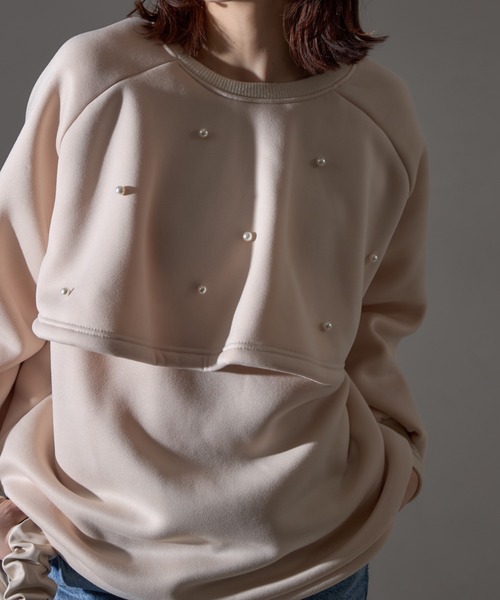 each（イーチ）の「前後2WAYパールケープ付裏起毛スウェット（スウェット・レディース・アイボリー/ブラック/グリーン・FREE）」の5枚目の写真