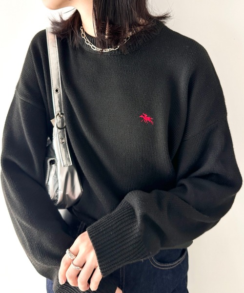 POLOCHAMPS(ポロチャンプス)の「POLOCHAMPS(ポロチャンプス)/ポロチャンプス 別注 ワンポイント刺繍 クルーネック 長袖 オーバーサイズニット セーター(ニット/セーター・レディース・グレー/ブラック/ネイビー・L/M)」の1枚目の写真