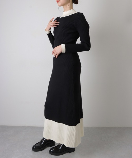 【2点セット】バイカラー リブ ニットトップス ロングスカート セットアップ（ワンピース）｜LAULEN（ローレン）