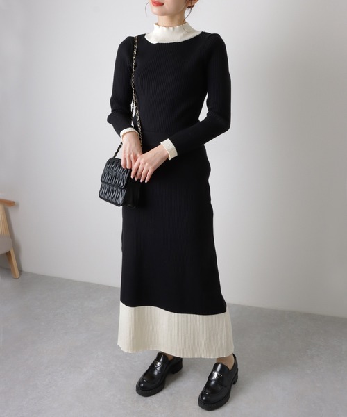 【2点セット】バイカラー リブ ニットトップス ロングスカート セットアップ（ワンピース）｜LAULEN（ローレン）