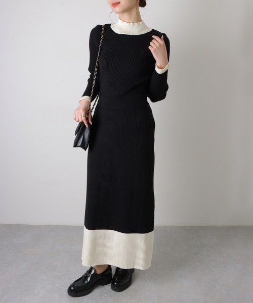 【2点セット】バイカラー リブ ニットトップス ロングスカート セットアップ（ワンピース）｜LAULEN（ローレン）