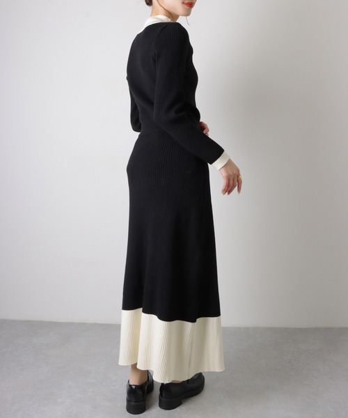 【2点セット】バイカラー リブ ニットトップス ロングスカート セットアップ（ワンピース）｜LAULEN（ローレン）