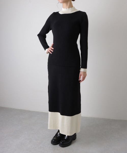 【2点セット】バイカラー リブ ニットトップス ロングスカート セットアップ（ワンピース）｜LAULEN（ローレン）