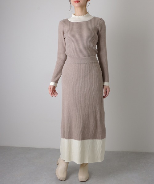 【2点セット】バイカラー リブ ニットトップス ロングスカート セットアップ（ワンピース）｜LAULEN（ローレン）