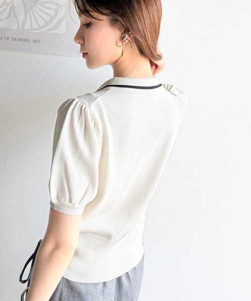 mily bilet(ミウィビレット)の「【mily bilet】洗練された大人カジュアル。デザインボタン胸刺繍半袖ニットポロ(ポロシャツ・レディース・アイボリー/ネイビー/ベージュ・X-LARGE/SMALL/MEDIUM/LARGE)」の12枚目の写真