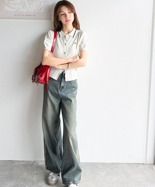 mily bilet(ミウィビレット)の「【mily bilet】洗練された大人カジュアル。デザインボタン胸刺繍半袖ニットポロ(ポロシャツ・レディース・アイボリー/ネイビー/ベージュ・X-LARGE/SMALL/MEDIUM/LARGE)」の6枚目の写真
