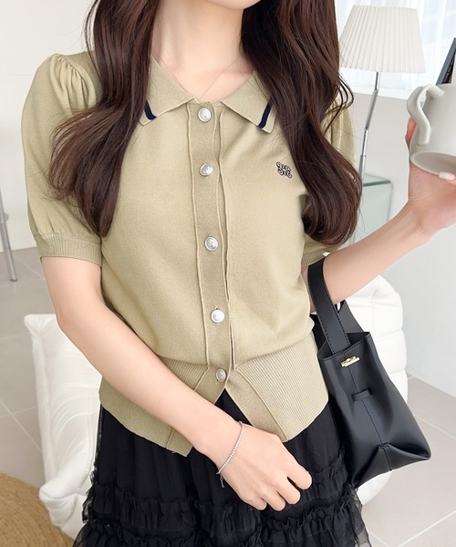 mily bilet(ミウィビレット)の「【mily bilet】洗練された大人カジュアル。デザインボタン胸刺繍半袖ニットポロ(ポロシャツ・レディース・アイボリー/ネイビー/ベージュ・X-LARGE/SMALL/MEDIUM/LARGE)」の20枚目の写真