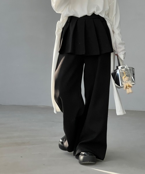 24AW新作★スカートパンツ【Rolarola】LACE LAYERED PANTS★2色 セール】Multi-way striped layered skirt & slacks set