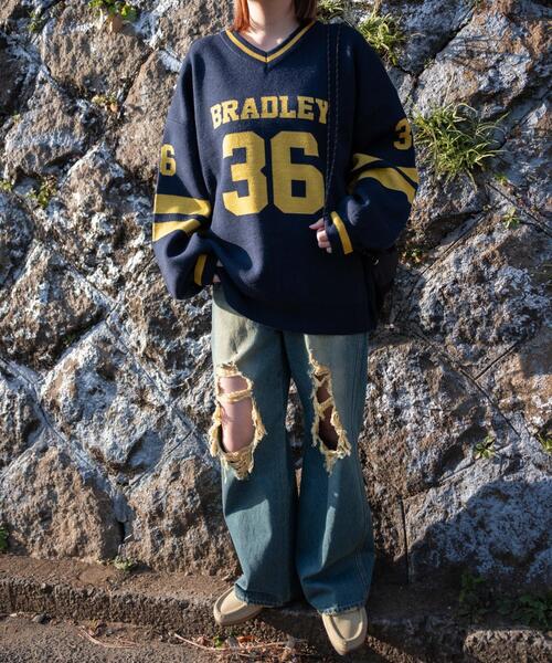 WEGO（ウィゴー）の「WEGO/ナンバリングジャガードVネックニット（ニット/セーター・レディース・アイボリー/ネイビー/ホワイト・FREE）」の9枚目の写真