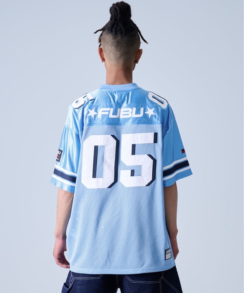 【極美品】フブFUBU USA製ゲームシャツ　古着 L 迷彩ロゴ　白 セール】FUBU フブ ブランド ロゴ チーム ワッペン 刺繍