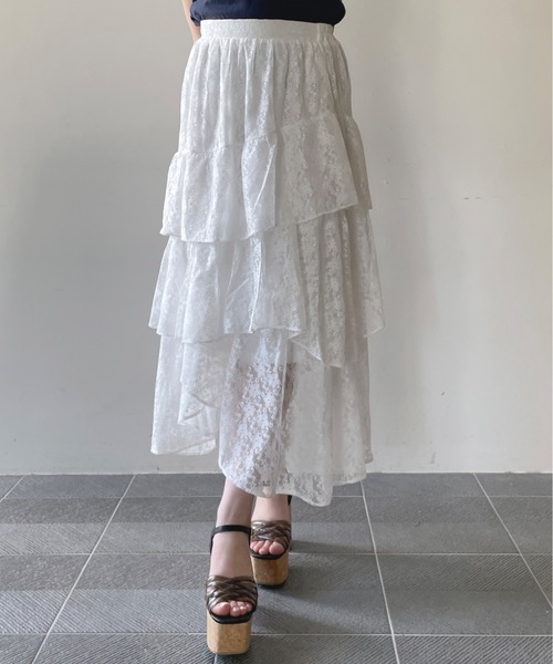 one way（ワンウェイ）の「レースイレヘムティアードスカート（スカート・レディース・ブラック/ホワイト・FREE）」の2枚目の写真