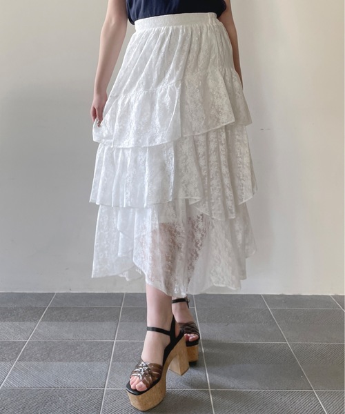 one way（ワンウェイ）の「レースイレヘムティアードスカート（スカート・レディース・ブラック/ホワイト・FREE）」の3枚目の写真